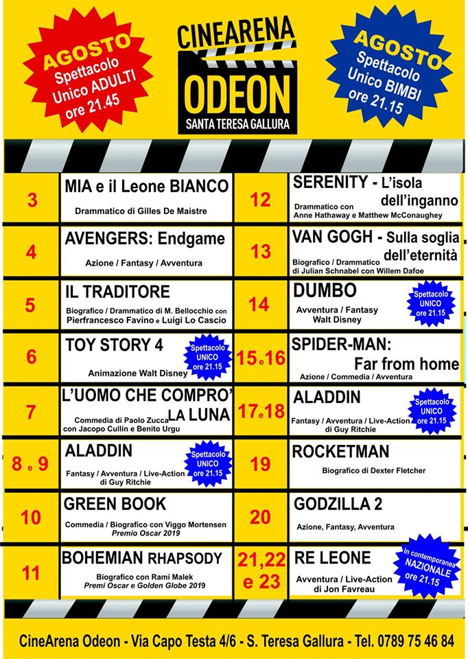 Programmazione cinema agosto 2019 Programmazione cinema agosto 2019